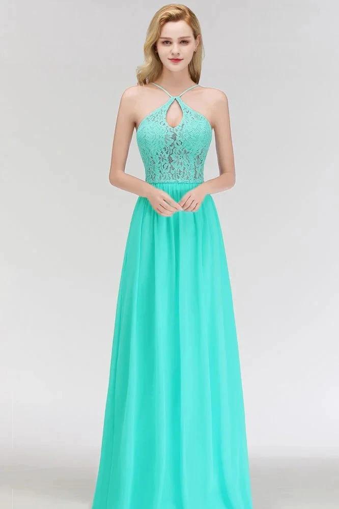 A-line Keyhole Neckline Lace Top Long Spaghetti Bridesmaid Dress by misshow.com