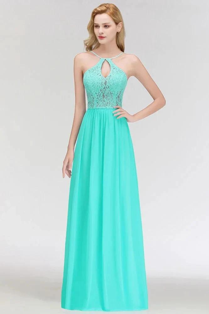 A-line Keyhole Neckline Lace Top Long Spaghetti Bridesmaid Dress by misshow.com