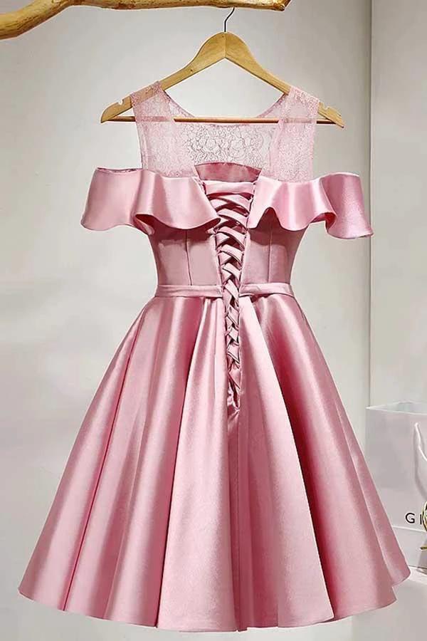 A-Line Knee-Length Cold Shoulder Pink Satin Homecoming Dress With Lace PD121 by pgmdress