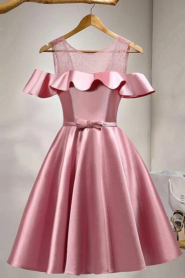 A-Line Knee-Length Cold Shoulder Pink Satin Homecoming Dress With Lace PD121 by pgmdress