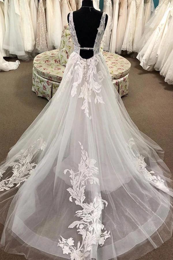 A Line Lace Appliqued Bridal Gown Deep V Neck Court Train Wedding Dress WD465 by pgmdress