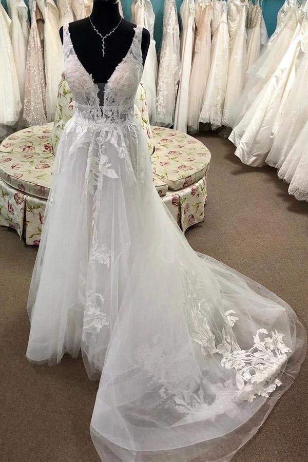 A Line Lace Appliqued Bridal Gown Deep V Neck Court Train Wedding Dress WD465 by pgmdress