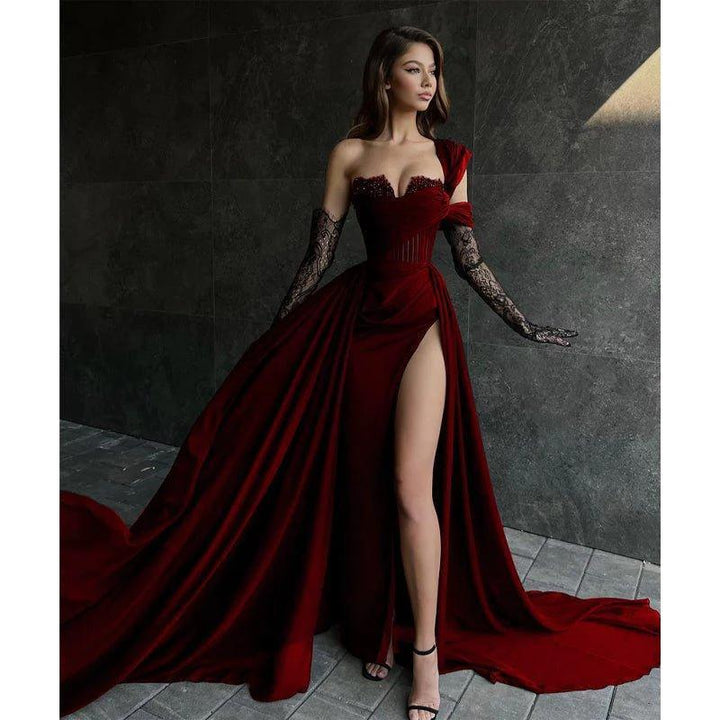 A Line Lace Appliques High Split Black Long Prom Formal Dress by weddingdress