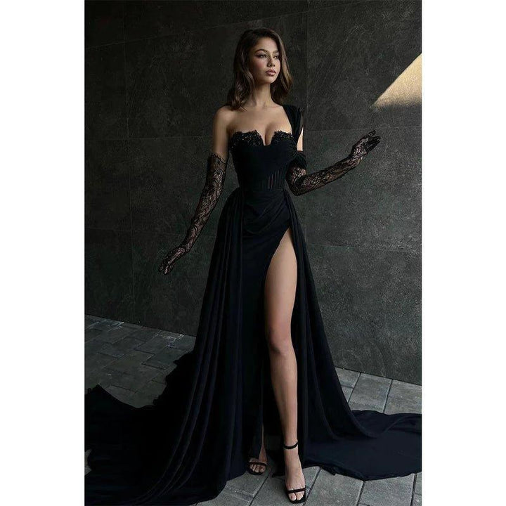 A Line Lace Appliques High Split Black Long Prom Formal Dress by weddingdress