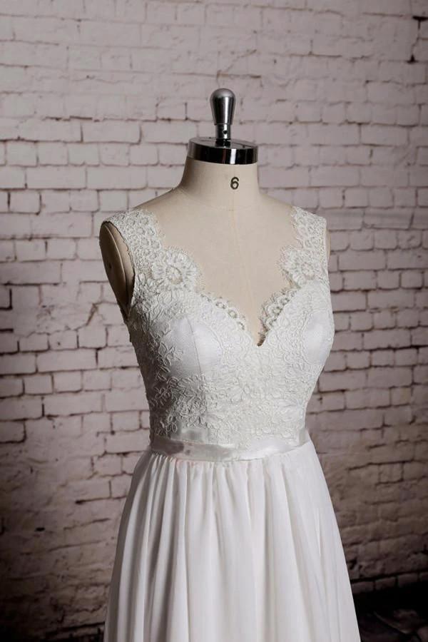 A-line Lace V-Neck Backless Sheath Long Wedding Dress WD058 by pgmdress