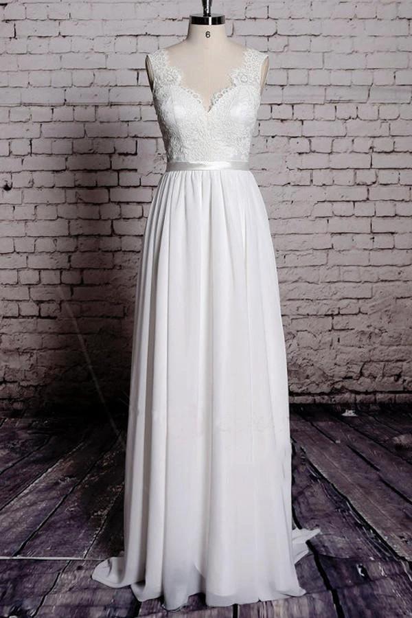 A-line Lace V-Neck Backless Sheath Long Wedding Dress WD058 by pgmdress