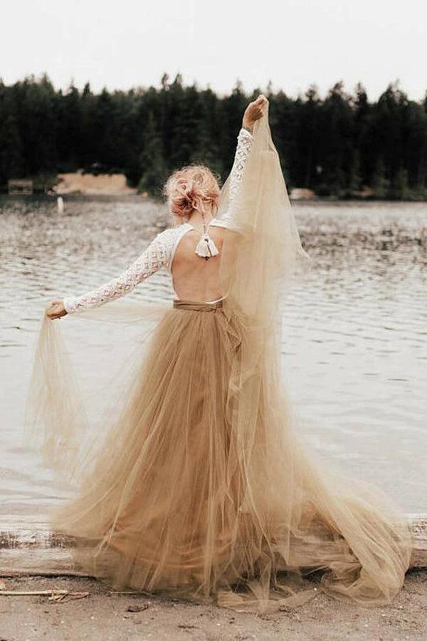 A-Line Long Sleeve Backless Princess Gown Wedding Dress Bridal Gown WD484 by pgmdress