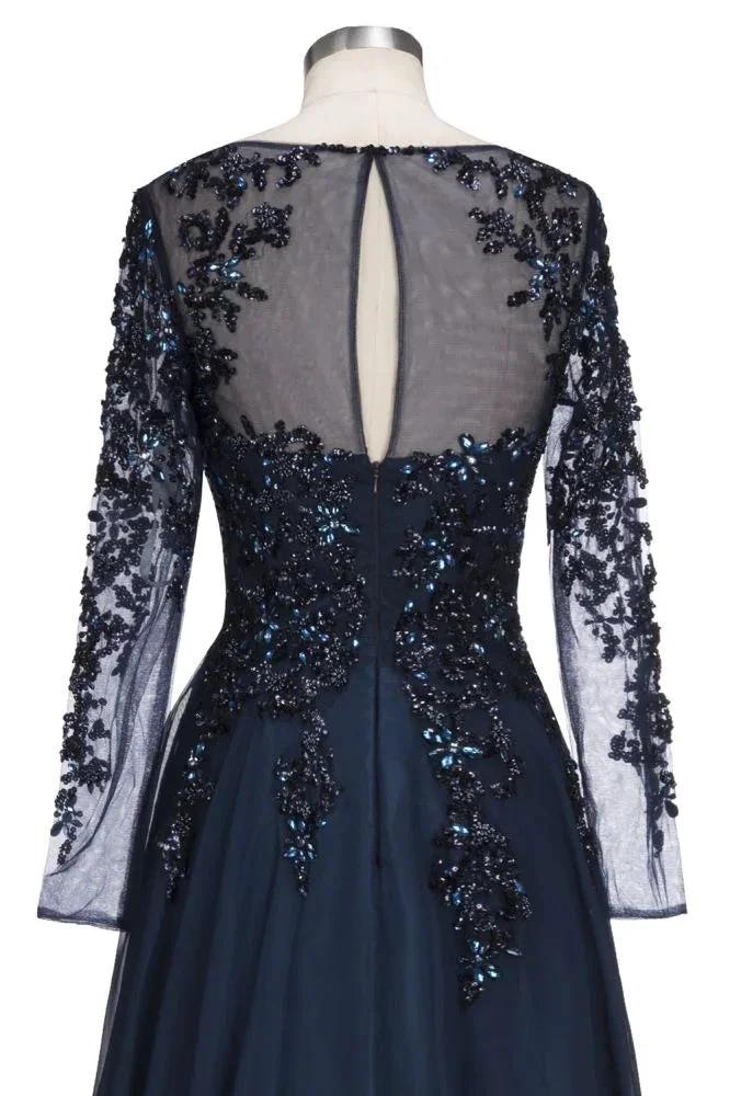A-line Long Sleeves Plus Size Floor Length Crystals Tulle Prom Dresses by misshow.com