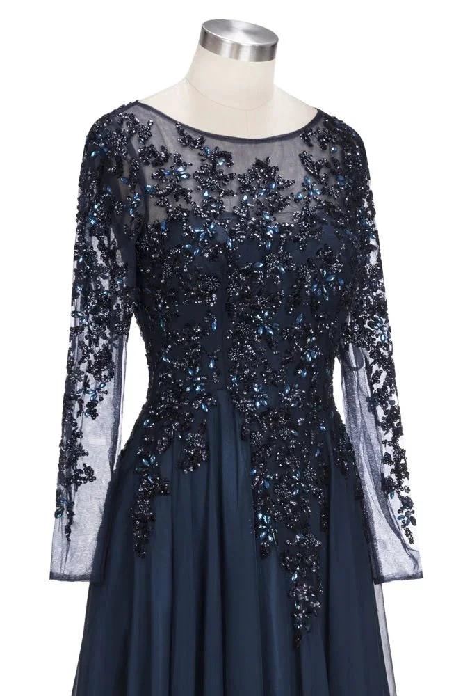 A-line Long Sleeves Plus Size Floor Length Crystals Tulle Prom Dresses by misshow.com