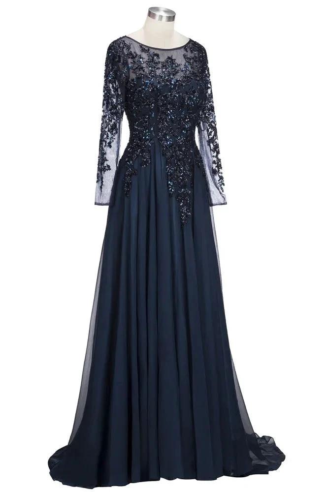 A-line Long Sleeves Plus Size Floor Length Crystals Tulle Prom Dresses by misshow.com