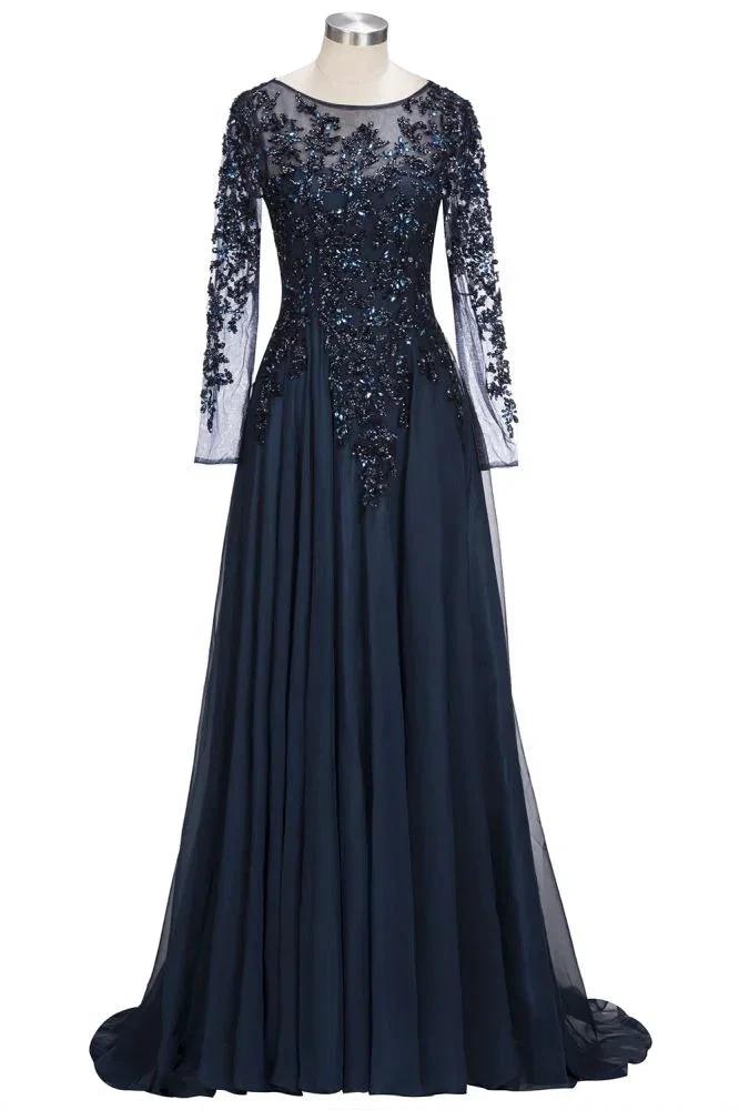 A-line Long Sleeves Plus Size Floor Length Crystals Tulle Prom Dresses by misshow.com