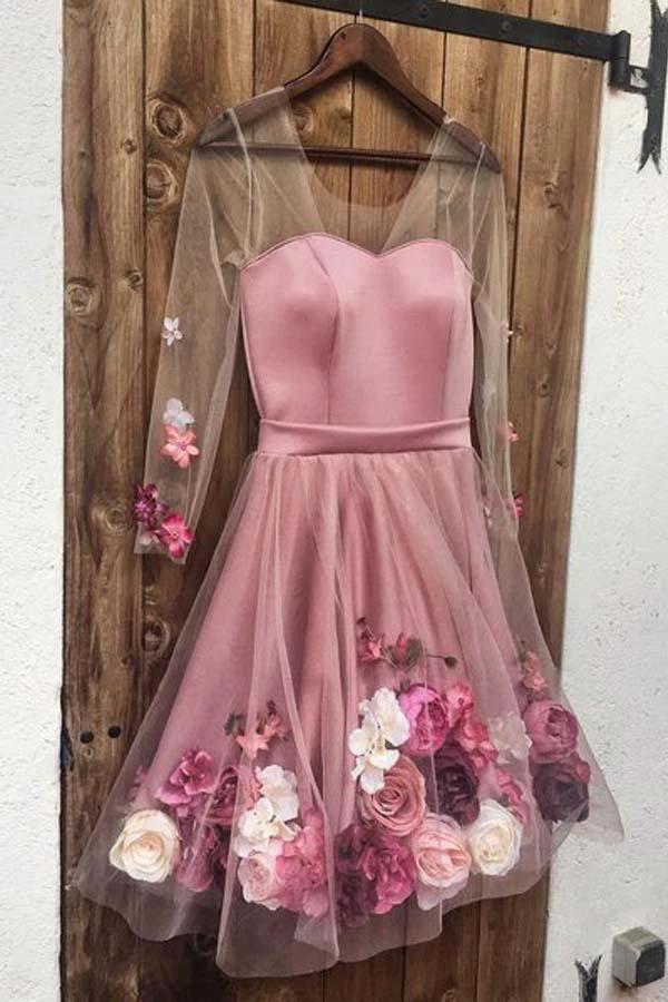 A Line Long Sleeves Short White Floral Prom Dresses Homecoming Dresses PD346 by pgmdress