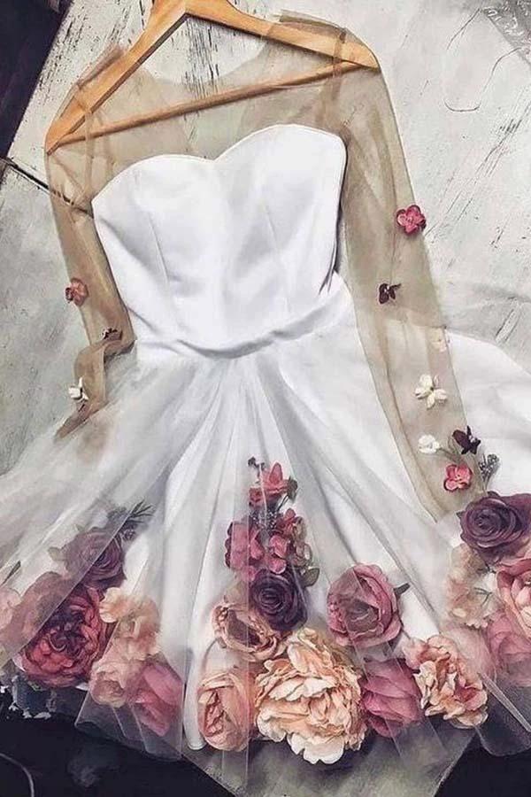 A Line Long Sleeves Short White Floral Prom Dresses Homecoming Dresses PD346 by pgmdress