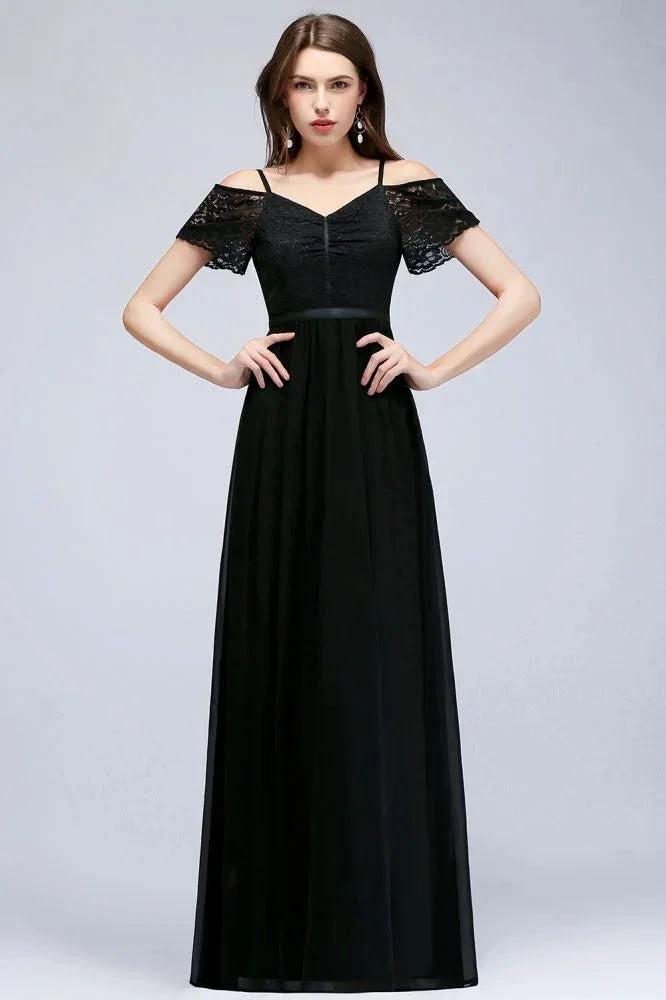 A-line Long Spaghetti V-neck Black Lace Chiffon Bridesmaid Dress by misshow.com