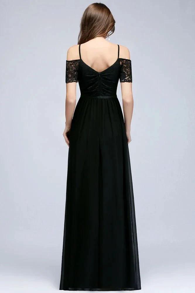 A-line Long Spaghetti V-neck Black Lace Chiffon Bridesmaid Dress by misshow.com