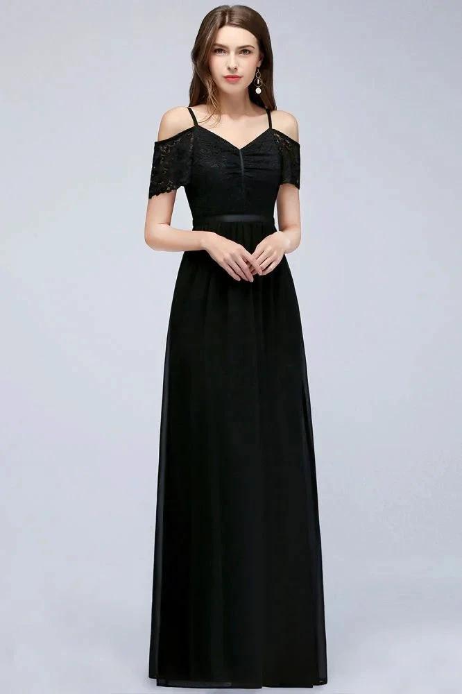 A-line Long Spaghetti V-neck Black Lace Chiffon Bridesmaid Dress by misshow.com