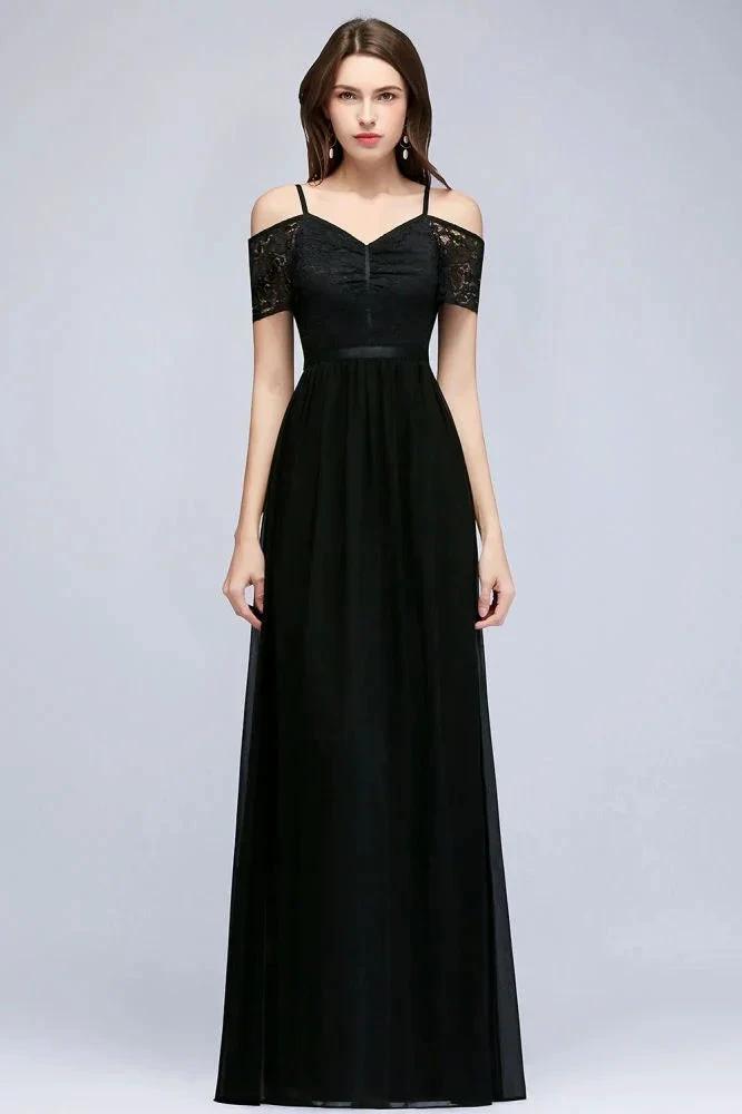 A-line Long Spaghetti V-neck Black Lace Chiffon Bridesmaid Dress by misshow.com