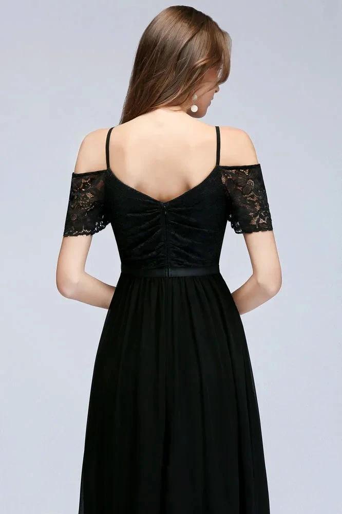 A-line Long Spaghetti V-neck Black Lace Chiffon Bridesmaid Dress by misshow.com