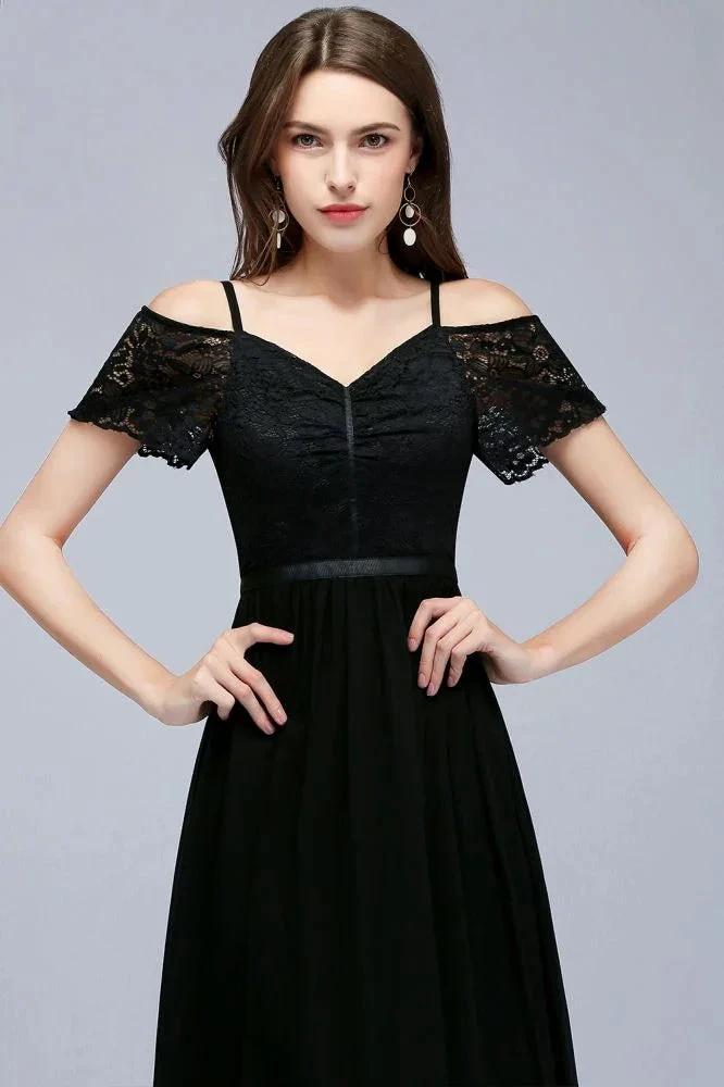 A-line Long Spaghetti V-neck Black Lace Chiffon Bridesmaid Dress by misshow.com
