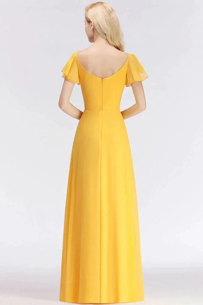 A-line Long V-neck Short Sleeves Yellow Chiffon Bridesmaid Dresses by misshow.com