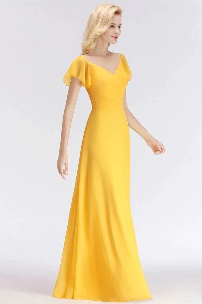A-line Long V-neck Short Sleeves Yellow Chiffon Bridesmaid Dresses by misshow.com