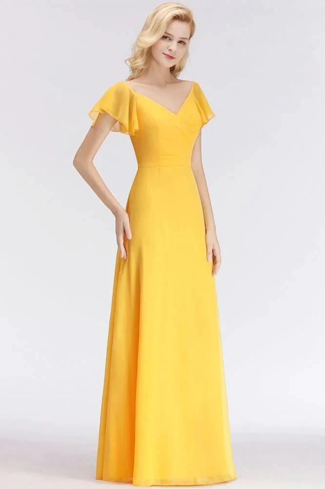 A-line Long V-neck Short Sleeves Yellow Chiffon Bridesmaid Dresses by misshow.com