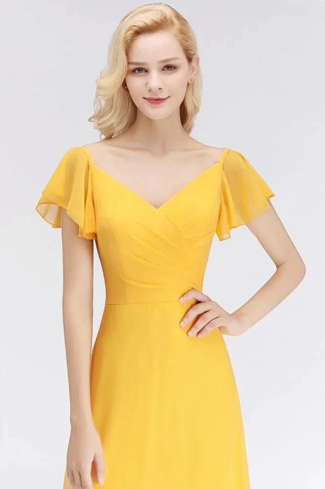 A-line Long V-neck Short Sleeves Yellow Chiffon Bridesmaid Dresses by misshow.com