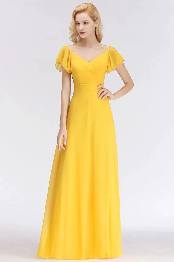A-line Long V-neck Short Sleeves Yellow Chiffon Bridesmaid Dresses by misshow.com