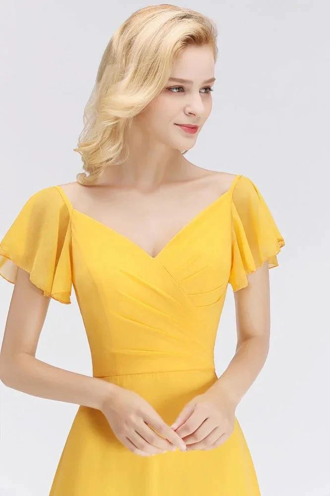 A-line Long V-neck Short Sleeves Yellow Chiffon Bridesmaid Dresses by misshow.com