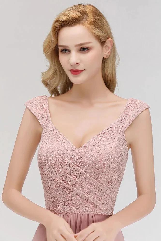 A-line Long V-neck Sleeveless Formal Party Dress Lace Top Chiffon Bridesmaid Dress by misshow.com