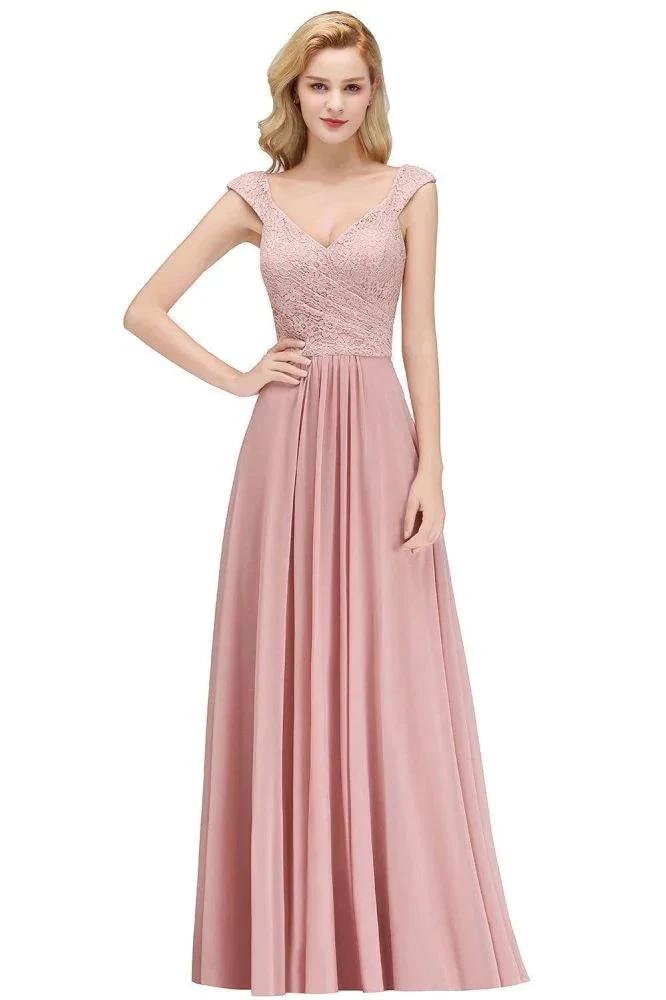 A-line Long V-neck Sleeveless Formal Party Dress Lace Top Chiffon Bridesmaid Dress by misshow.com