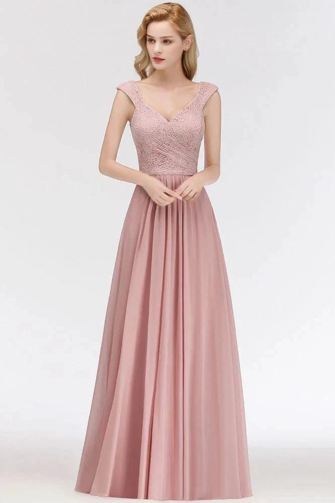 A-line Long V-neck Sleeveless Formal Party Dress Lace Top Chiffon Bridesmaid Dress by misshow.com