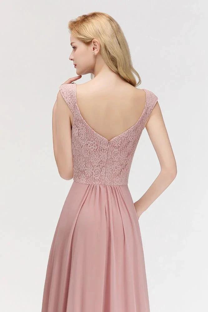 A-line Long V-neck Sleeveless Formal Party Dress Lace Top Chiffon Bridesmaid Dress by misshow.com