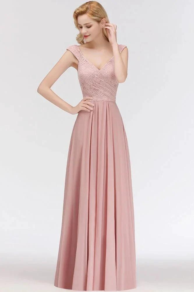 A-line Long V-neck Sleeveless Formal Party Dress Lace Top Chiffon Bridesmaid Dress by misshow.com