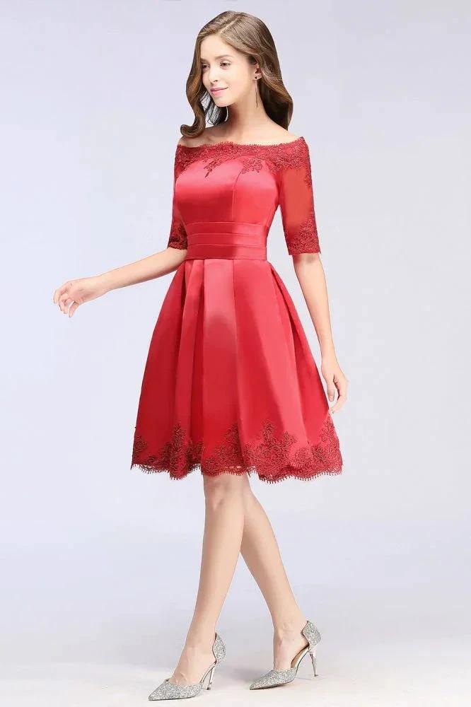 A-line Off-shoulder Half Sleeves Short Lace Appliques Prom Dresses by misshow.com