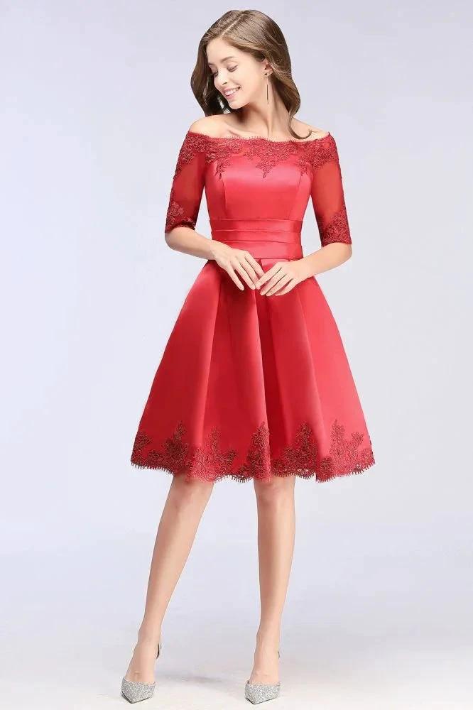 A-line Off-shoulder Half Sleeves Short Lace Appliques Prom Dresses by misshow.com