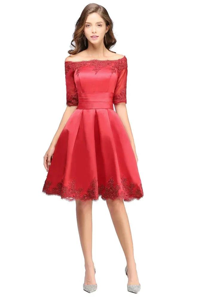 A-line Off-shoulder Half Sleeves Short Lace Appliques Prom Dresses by misshow.com