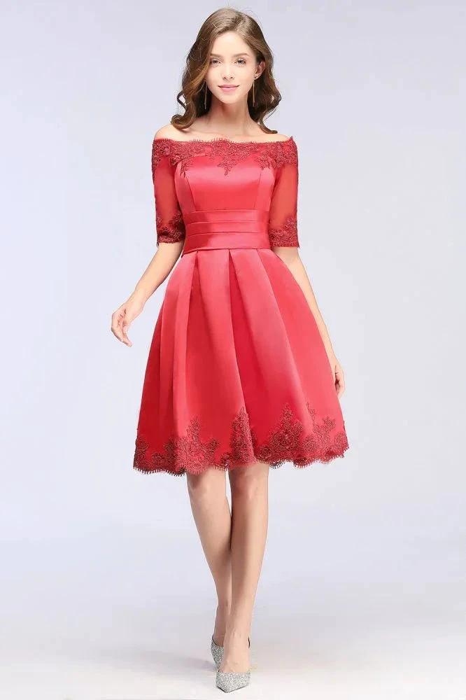 A-line Off-shoulder Half Sleeves Short Lace Appliques Prom Dresses by misshow.com