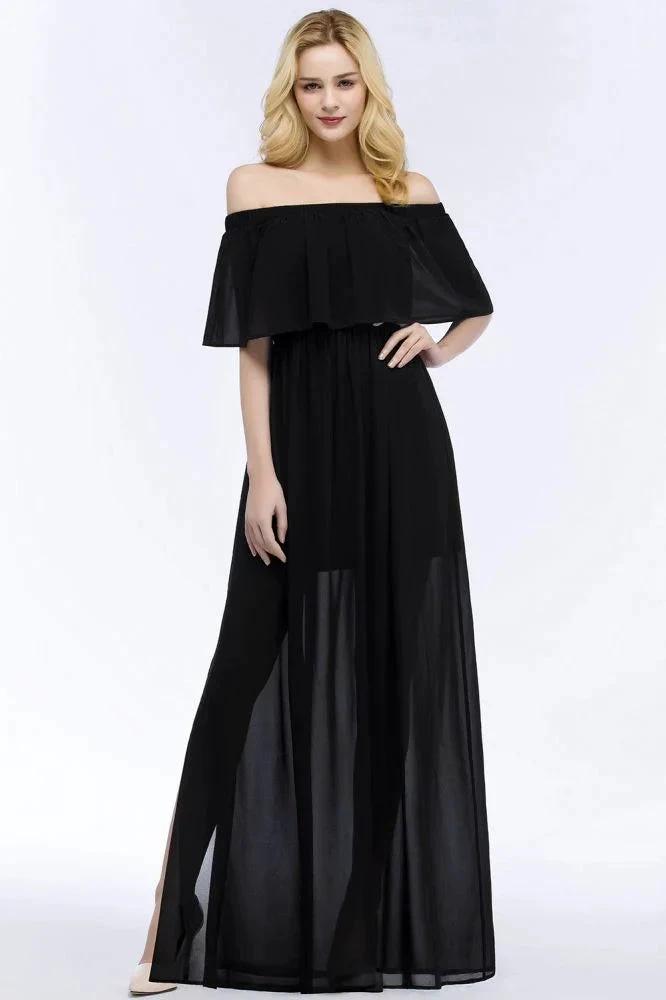 A-line Off-the-shoulder Floor Length Black Chiffon Bridesmaid Dresses by misshow.com