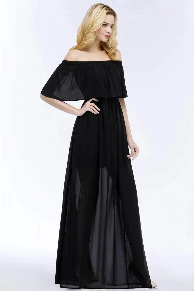 A-line Off-the-shoulder Floor Length Black Chiffon Bridesmaid Dresses by misshow.com