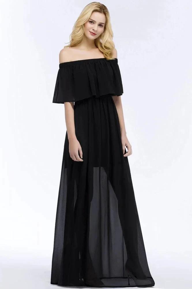 A-line Off-the-shoulder Floor Length Black Chiffon Bridesmaid Dresses by misshow.com