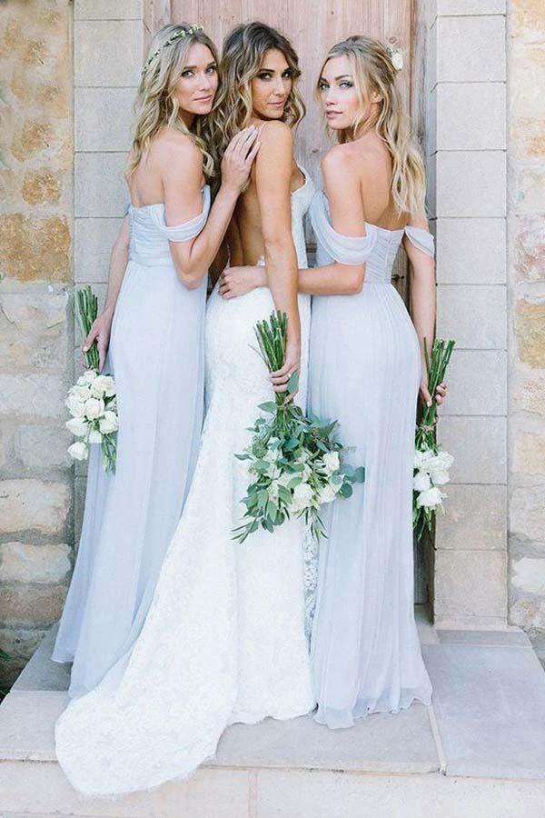A-Line Off-the-Shoulder Floor-Length Light Blue Chiffon Bridesmaid Dress BD065 by pgmdress