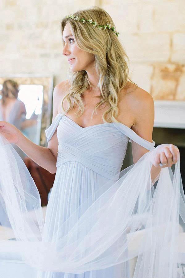 A-Line Off-the-Shoulder Floor-Length Light Blue Chiffon Bridesmaid Dress BD065 by pgmdress
