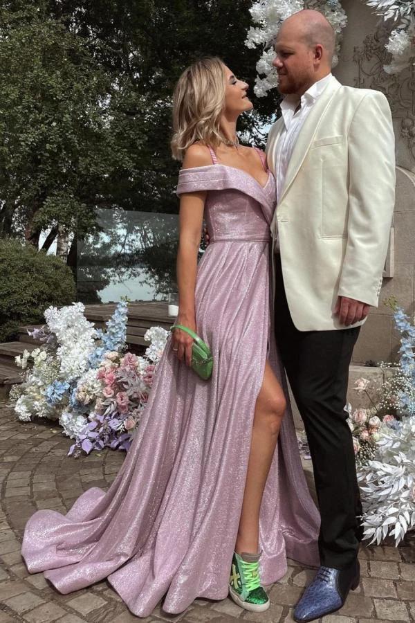 A-line Off-the-shoulder Glitter Long Prom Dress with Slit by BIZTUNNEL