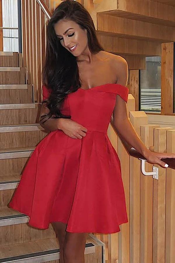 A-Line Off-the-Shoulder Pleated Red Satin Homecoming Dress PD313 by pgmdress