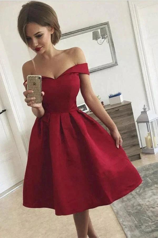 A-Line Off-the-Shoulder Pleated Red Satin Homecoming Dress PD313 by pgmdress
