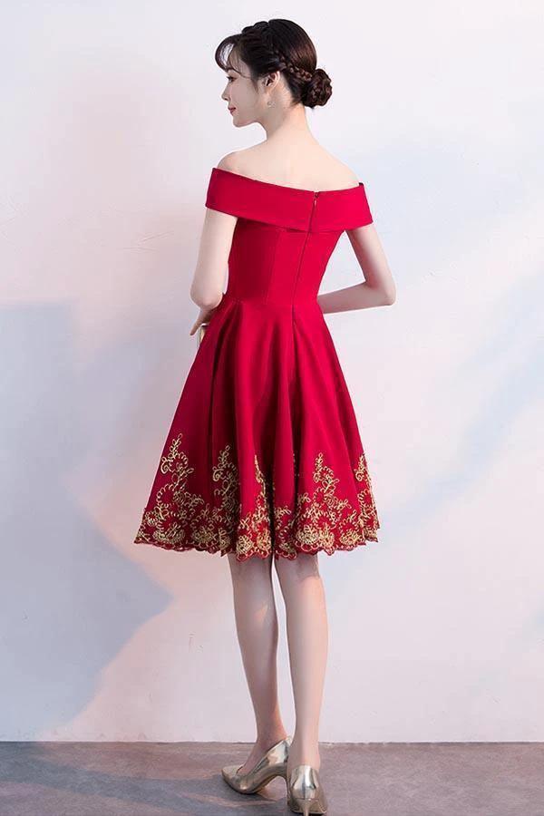 A-line Off The Shoulder Red Homecoming Dresses With Lace Applique PD122 by pgmdress