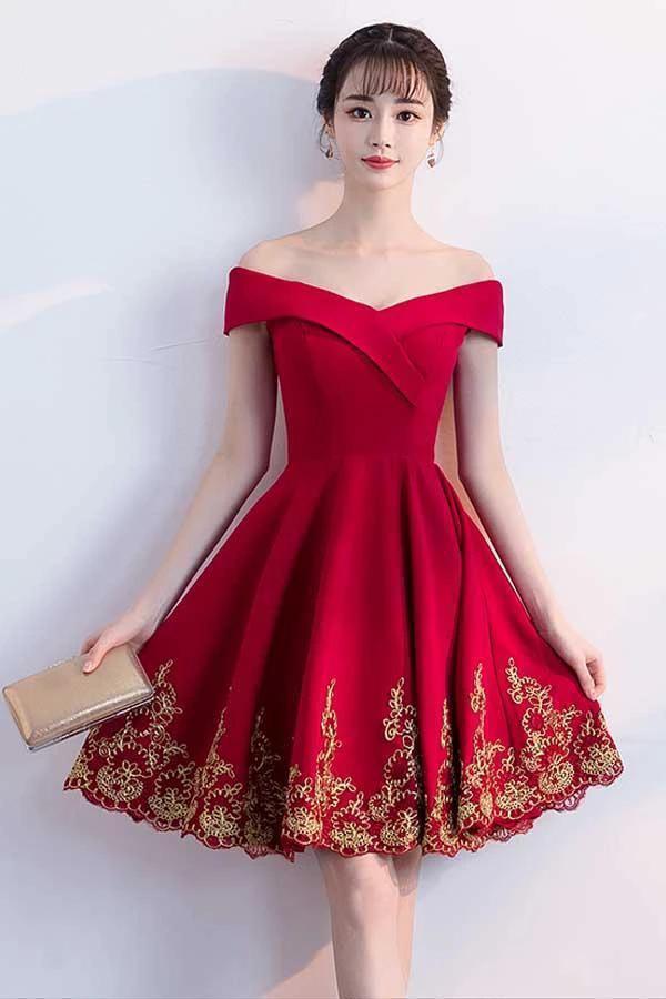 A-line Off The Shoulder Red Homecoming Dresses With Lace Applique PD122 by pgmdress