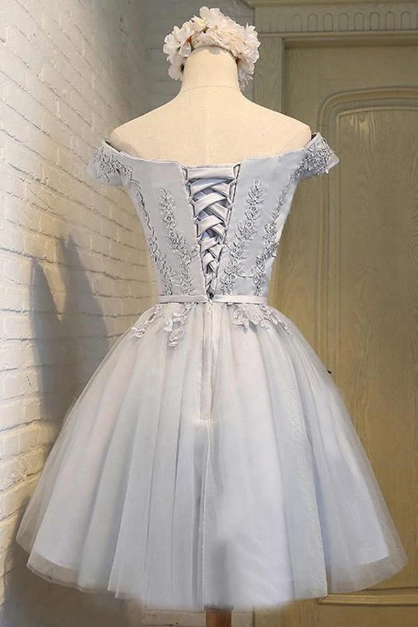 A-Line Off-the-Shoulder Short Sleeveless Grey Tulle Homecoming Dress PD139 by pgmdress