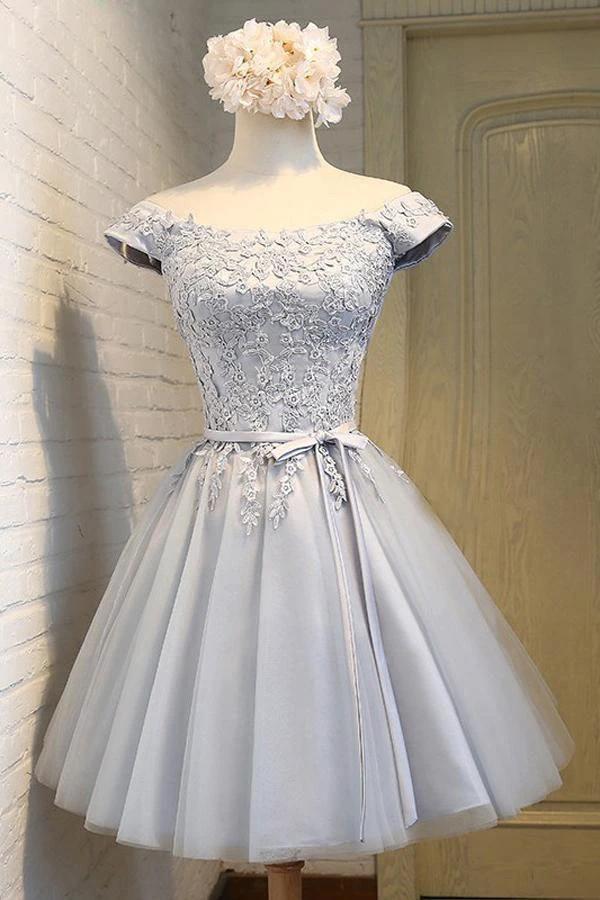 A-Line Off-the-Shoulder Short Sleeveless Grey Tulle Homecoming Dress PD139 by pgmdress